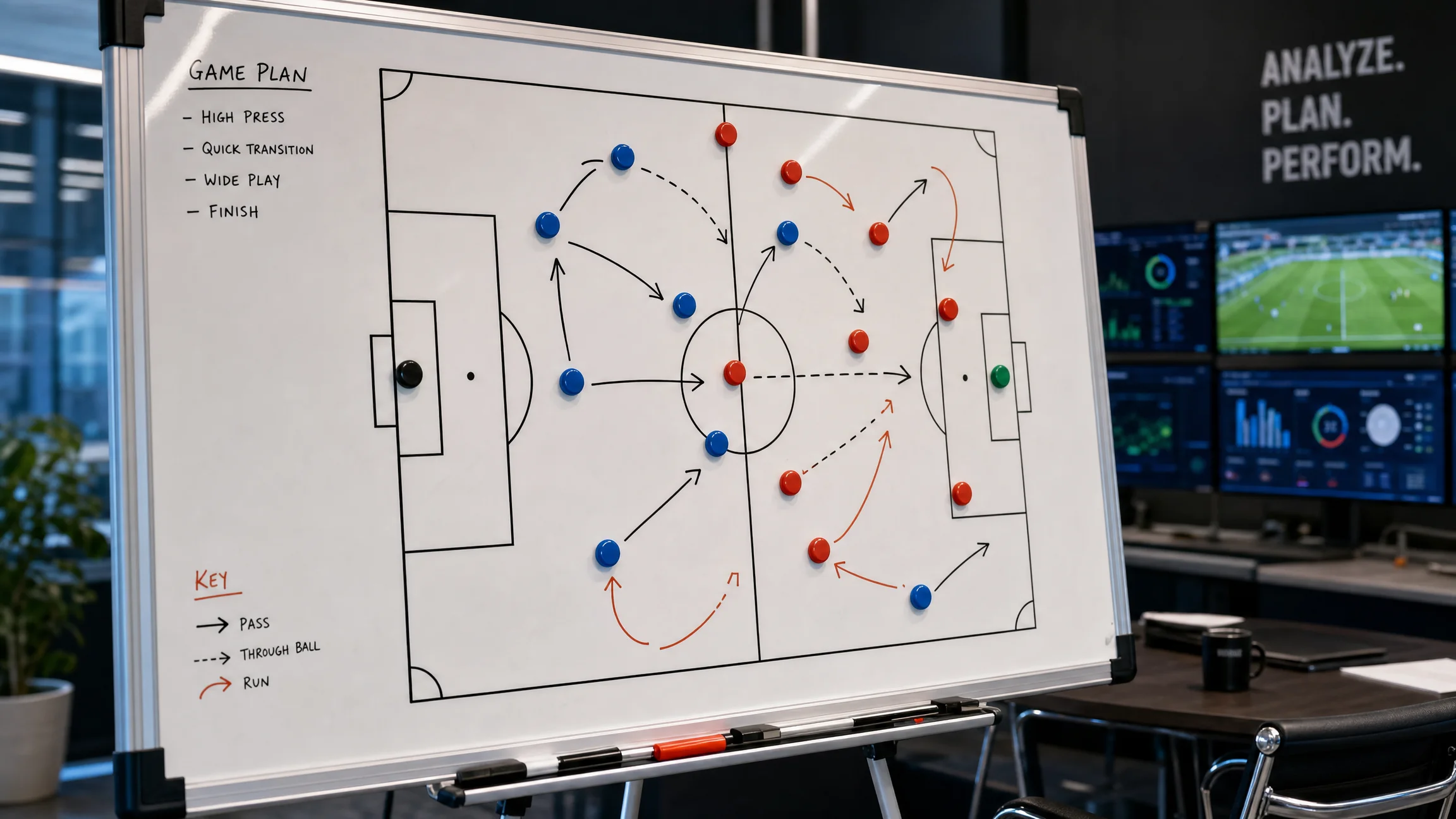 Close-up of a tactical football whiteboard with player movement arrows
