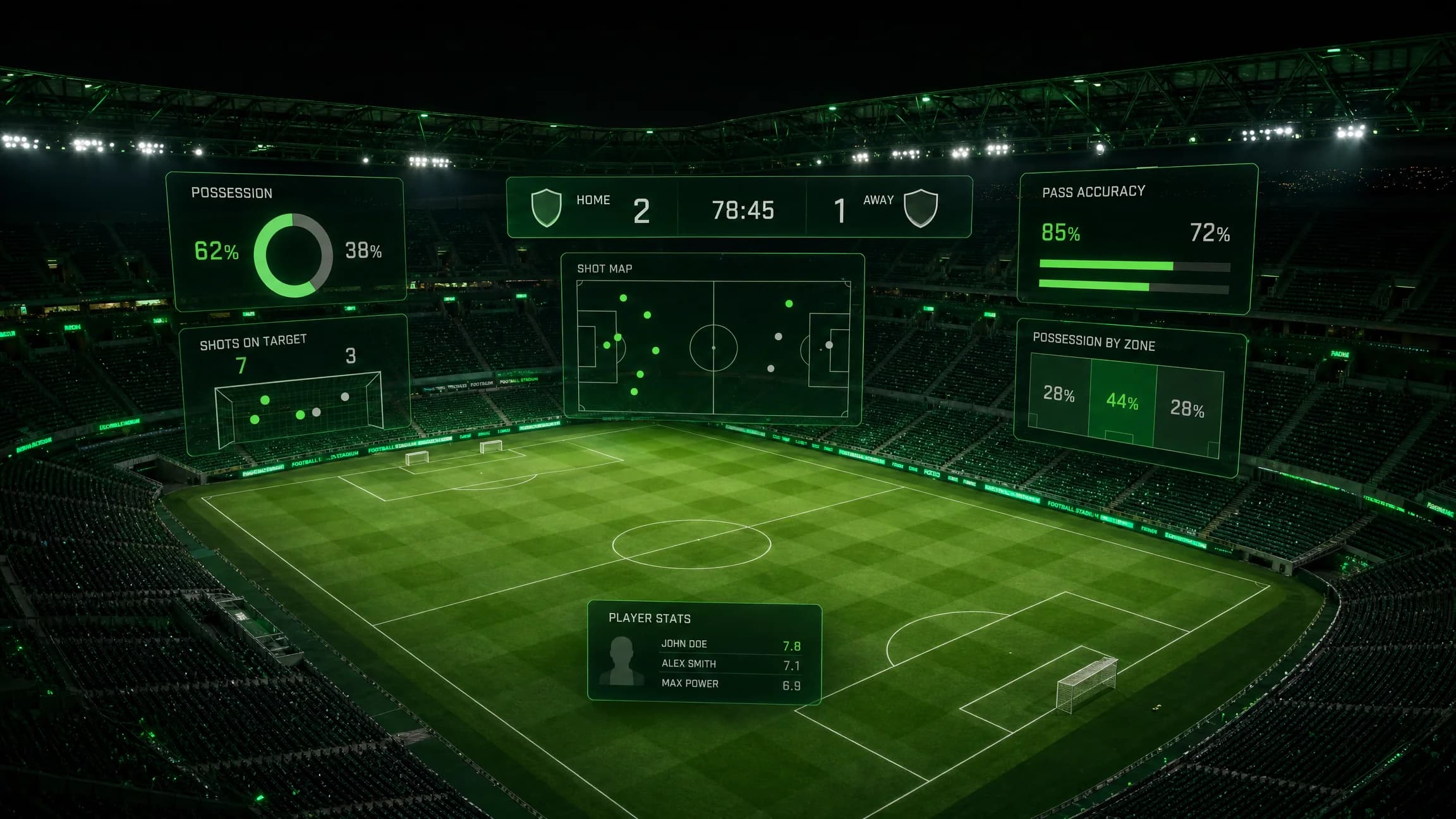 3D rendered football stadium with statistical charts hovering above the pitch